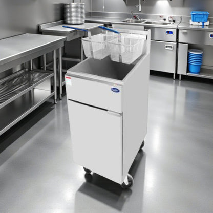 Brand New Condition – Atosa ATFS-40-NG – 15" Natural Gas Commercial Deep Fryer – 40 lb Capacity – 3 Burners – 102,000 BTU – cETLus / ETL-Sanitation Listed – Fully Tested & Operational!