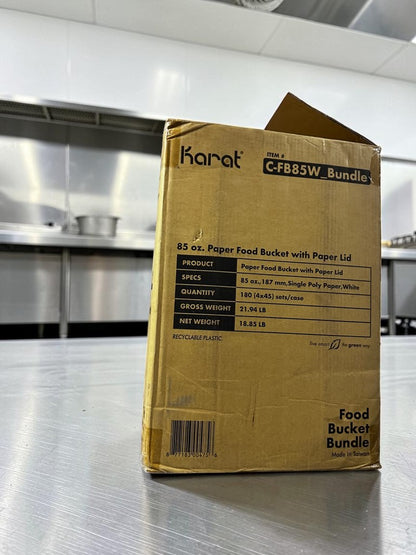 Elite Condition – Karat C-FB85W_Bundle – 85 oz. White Paper Food Buckets with Matching Paper Lids – 187 mm – 180 Sets per Case – New/Open Case!