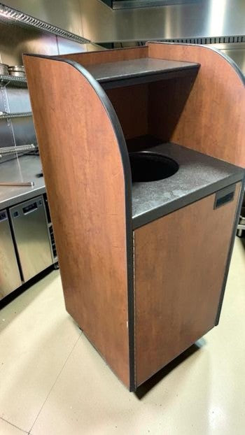 Excellent Condition – Curved Series Commercial Waste Receptacle – Front-Load Wood Laminate Cabinet – Top Shelf – Interior Bin – 20" x 20" x 48" – Ready for Commercial Use!