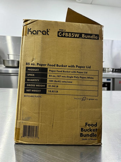 Elite Condition – Karat C-FB85W_Bundle – 85 oz. White Paper Food Buckets with Matching Paper Lids – 187 mm – 180 Sets per Case – New/Open Case!