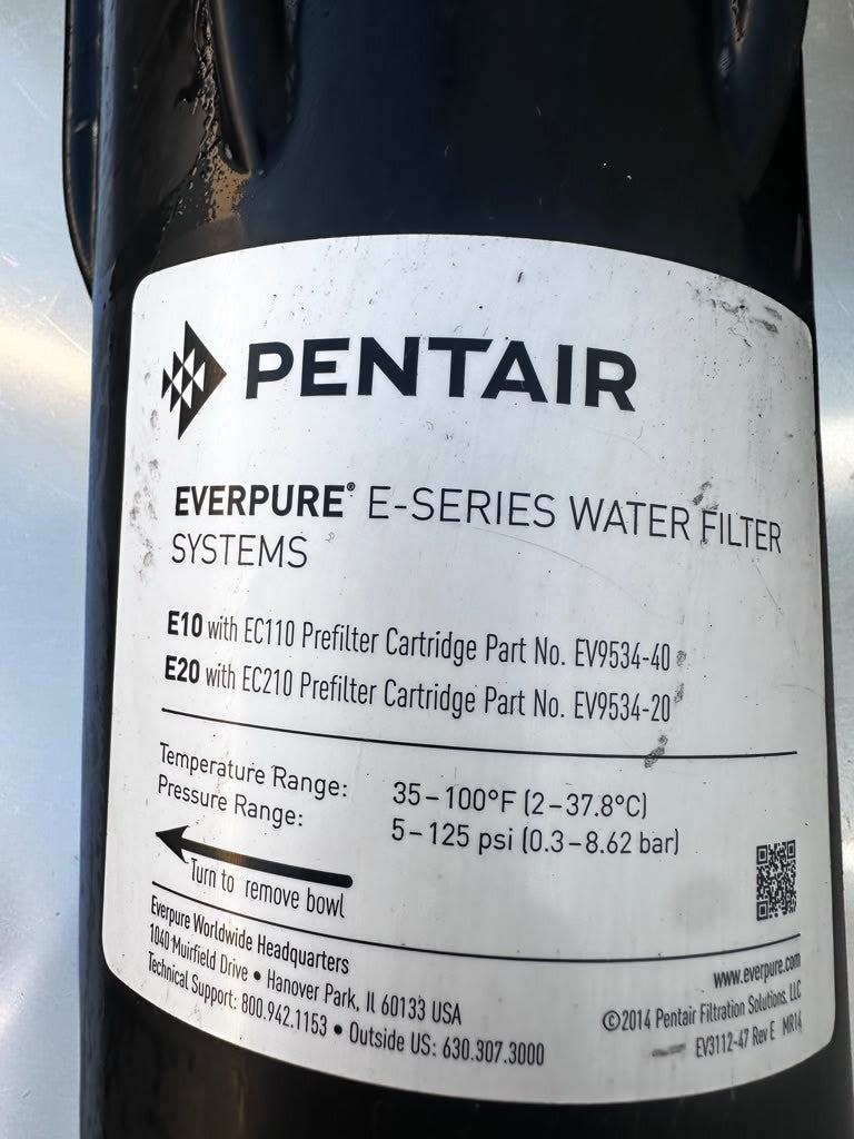 Prime Condition – Pentair Everpure E-Series E20 – Commercial Water Prefilter with Twin-Series Filter Head – Dual Pressure Gauges – 20″ Housing – Fully Tested & Operational!