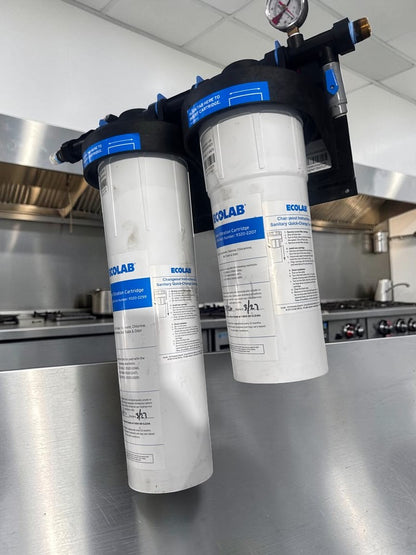 Prime Condition – Ecolab 9320-2268 Split Twin – Commercial Dual-Outlet Water Filtration System – ECO-TO20S & ECO-TO14 Cartridges – Dual Pressure Gauges – Fully Inspected & Ready for Professional Installation!