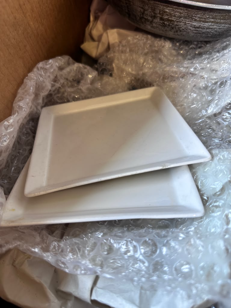 Remarkable Condition – Mixed Commercial Kitchenware Lot – White Serving Plates, Salt Shakers & Frying Pans – One Full Box – Restaurant Supply Bundle!