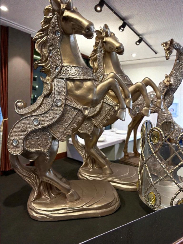 Outstanding Condition – Decorative Gold Horse & Peacock Statue Set – Elegant Home / Office Accent Décor – Like-New & Ready for Display!