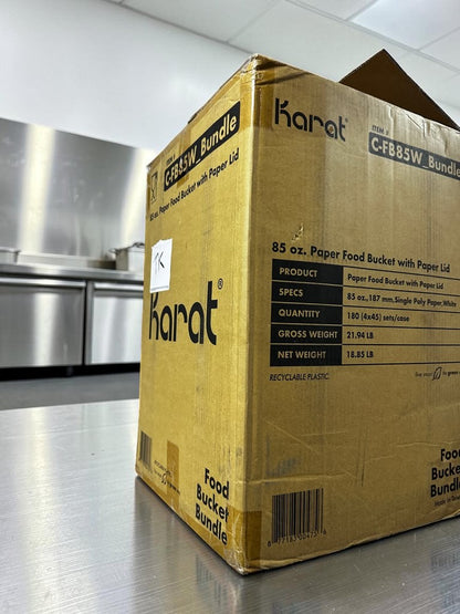 Elite Condition – Karat C-FB85W_Bundle – 85 oz. White Paper Food Buckets with Matching Paper Lids – 187 mm – 180 Sets per Case – New/Open Case!