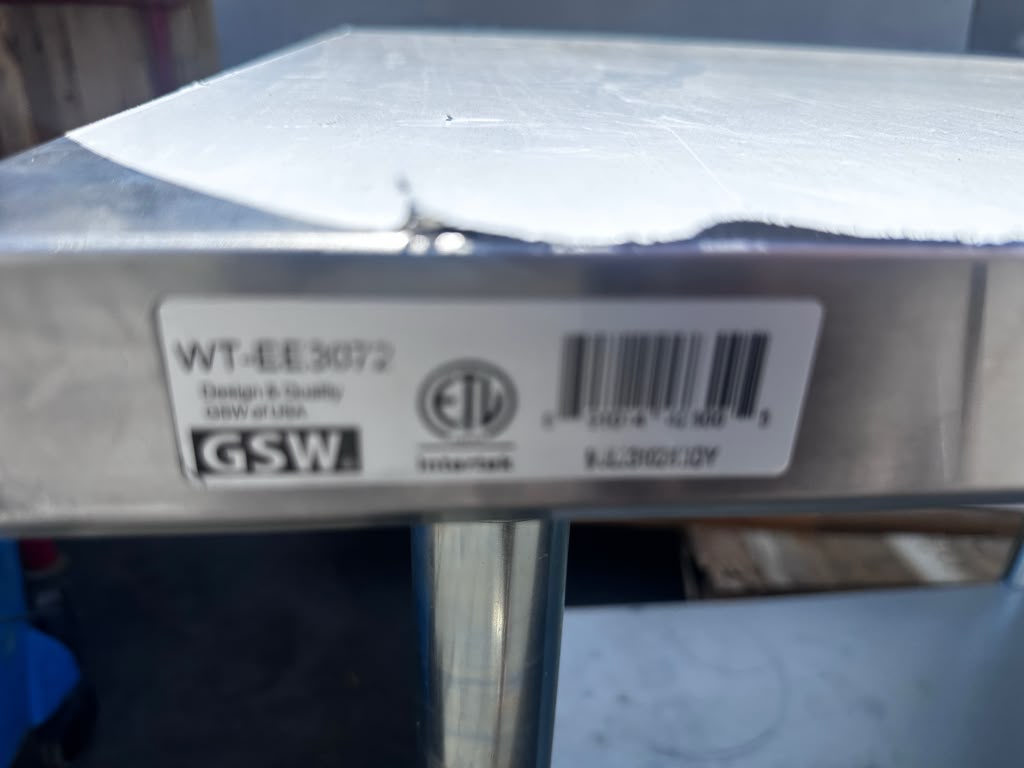 Brand New – GSW WT-EE3072 – 72" x 30" Economy Stainless Steel Work Table – Galvanized Undershelf – 6-Leg Design – ETL Certified – Brand New Scratch & Dent – Ready for Immediate Use!