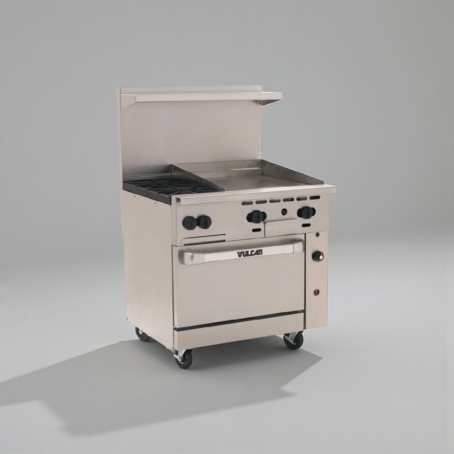 Dependable Condition – Vulcan 36C-2B24GTN Endurance – 36" Natural Gas Range – 2 Burner with 24" Thermostatic Griddle & Convection Oven Base – 135,000 BTU – Fully Tested & Operational!