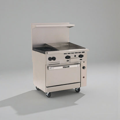Dependable Condition – Vulcan 36C-2B24GTN Endurance – 36" Natural Gas Range – 2 Burner with 24" Thermostatic Griddle & Convection Oven Base – 135,000 BTU – Fully Tested & Operational!