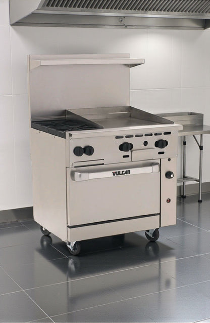 Dependable Condition – Vulcan 36C-2B24GTN Endurance – 36" Natural Gas Range – 2 Burner with 24" Thermostatic Griddle & Convection Oven Base – 135,000 BTU – Fully Tested & Operational!