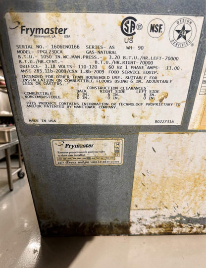 Immaculate Condition – Frymaster FPGL230CA-NG – OCF30™ 2-Vat Natural Gas Fryer – 60 lb Total Capacity – ENERGY STAR® - Fully Tested & Operational!