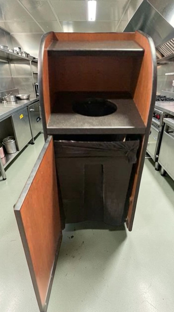 Excellent Condition – Curved Series Commercial Waste Receptacle – Front-Load Wood Laminate Cabinet – Top Shelf – Interior Bin – 20" x 20" x 48" – Ready for Commercial Use!