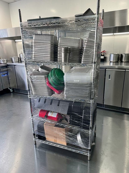 Premium Condition – NSF Chrome Wire Shelving Rack – 4-Tier Commercial Storage Unit w/ Food Pans & Accessories – Heavy-Duty – Fully Inspected!