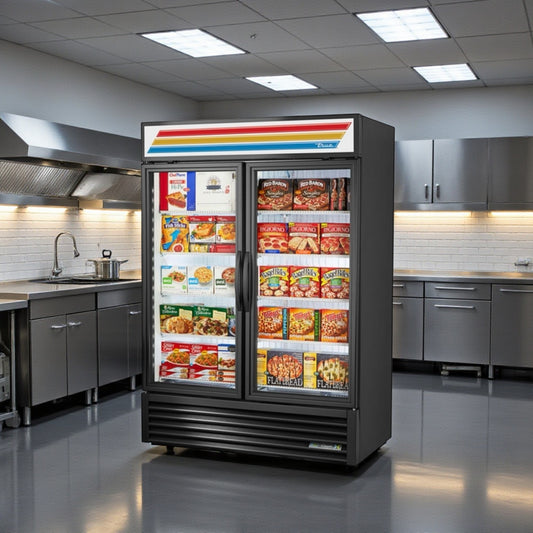 Superior Condition – True GDM-49F-LTF-HC~TSL01 – 54" Two-Section Black Glass Door Freezer Merchandiser – LED Lighting – 8 Shelves – 115V – NSF / UL Listed – Fully Tested & Operational!