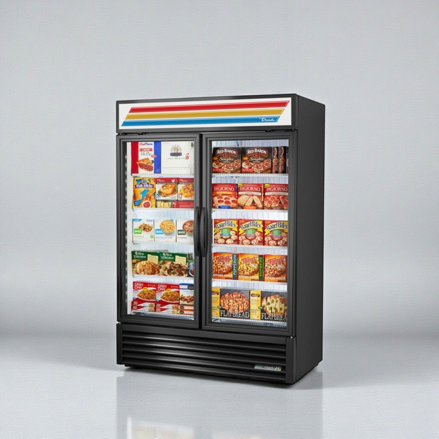 Superior Condition – True GDM-49F-LTF-HC~TSL01 – 54" Two-Section Black Glass Door Freezer Merchandiser – LED Lighting – 8 Shelves – 220V – NSF / UL Listed – Fully Tested & Operational!