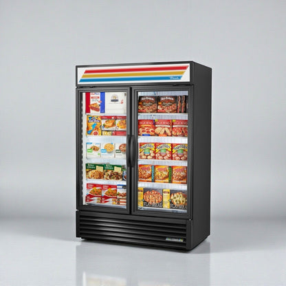 Superior Condition – True GDM-49F-LTF-HC~TSL01 – 54" Two-Section Black Glass Door Freezer Merchandiser – LED Lighting – 8 Shelves – 220V – NSF / UL Listed – Fully Tested & Operational!