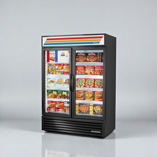 Superior Condition – True GDM-49F-LTF-HC~TSL01 – 54" Two-Section Black Glass Door Freezer Merchandiser – LED Lighting – 8 Shelves – 115V – NSF / UL Listed – Fully Tested & Operational!
