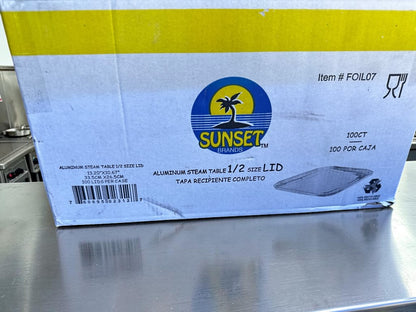 Brand New Condition – Sunset Brands FOIL07 – Aluminum Steam Table 1/2 Size Lids – 100 Count Case – Disposable Catering Pan Covers – Ready for Immediate Use!