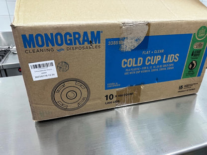 Pristine Condition – Monogram Serve Good – Clear PLA Flat Cold Cup Lids – Fits 9, 12, 16 & 20 oz. Cold Cups – Straw Slot – Compostable Plant-Based Plastic – 1,000-Count Case – New!