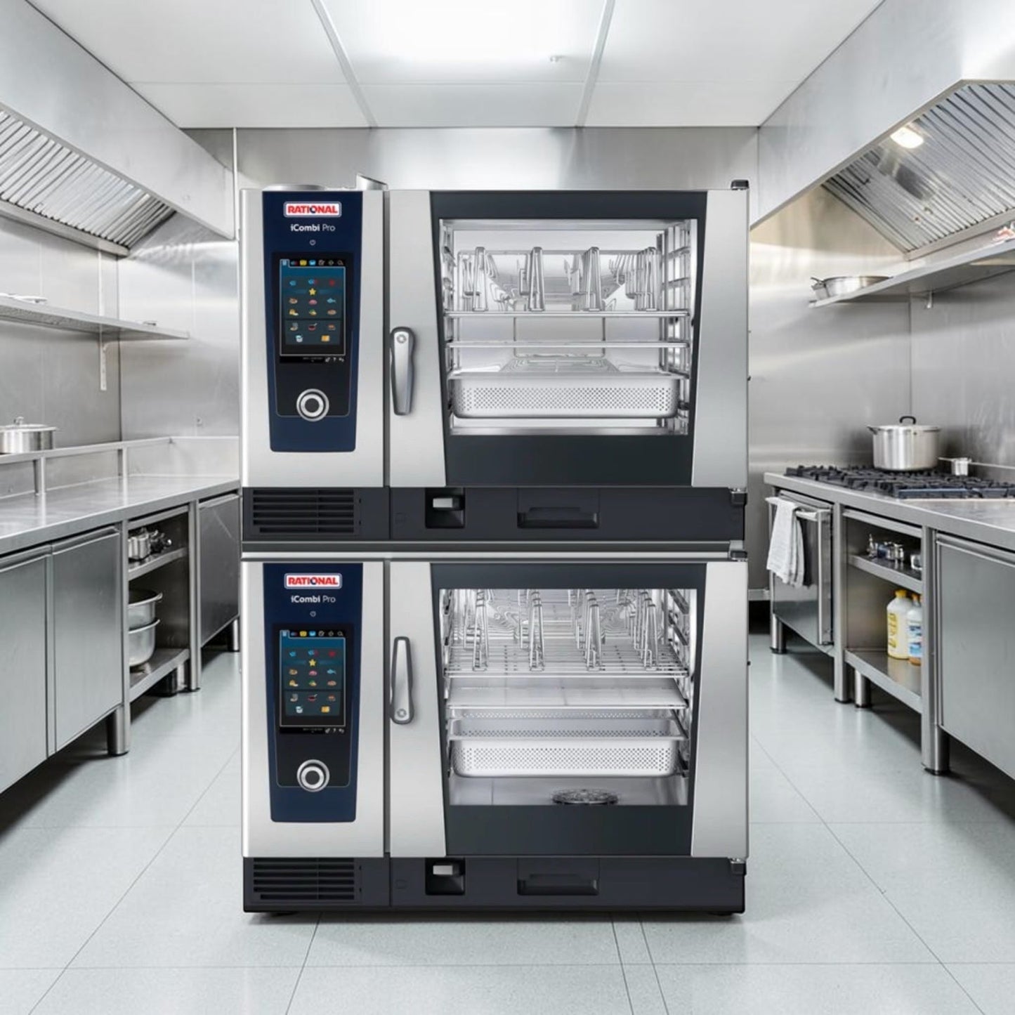 Top-Tier Condition – Quantity 2 New Rational iCombi Pro 6-Full Size Electric Combi Ovens – Double-Deck Combi-Duo System with Low Stand – 12 Full-Size Sheet Pan Total Capacity – 208/240V, Three Phase – 45 kW Combined!