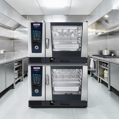 Top-Tier Condition – Quantity 2 New Rational iCombi Pro 6-Full Size Electric Combi Ovens – Double-Deck Combi-Duo System with Low Stand – 12 Full-Size Sheet Pan Total Capacity – 208/240V, Three Phase – 45 kW Combined!