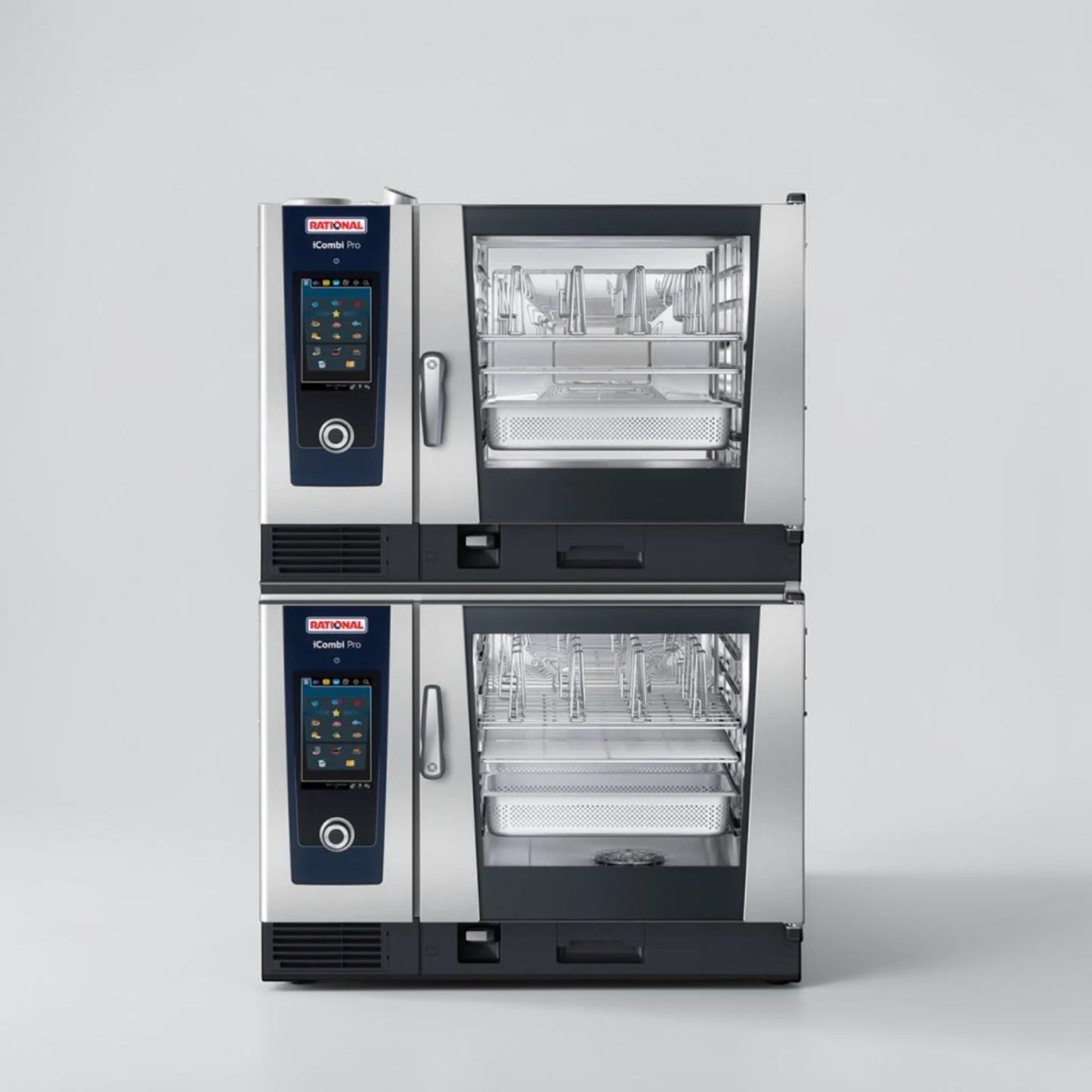 Top-Tier Condition – Quantity 2 New Rational iCombi Pro 6-Full Size Electric Combi Ovens – Double-Deck Combi-Duo System with Low Stand – 12 Full-Size Sheet Pan Total Capacity – 208/240V, Three Phase – 45 kW Combined!