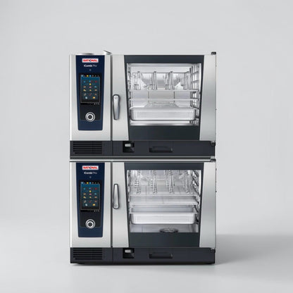 Top-Tier Condition – Quantity 2 New Rational iCombi Pro 6-Full Size Electric Combi Ovens – Double-Deck Combi-Duo System with Low Stand – 12 Full-Size Sheet Pan Total Capacity – 208/240V, Three Phase – 45 kW Combined!