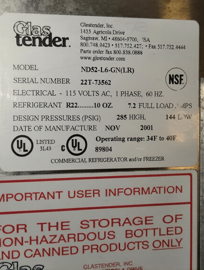 Professionally Maintained Condition – Glastender ND52-L6-GN(LR) – 52" Two Glass Door Back Bar Refrigerator – 115V – NSF & UL Listed – Fully Tested & Operational!