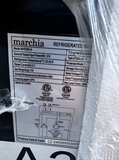 Brand New Condition – Marchia MVS500-B – Vertical Refrigerated Cake Display Case – Black Exterior – LED Lighting – 110V – ETL / NSF Certified – Fully Tested & Operational!