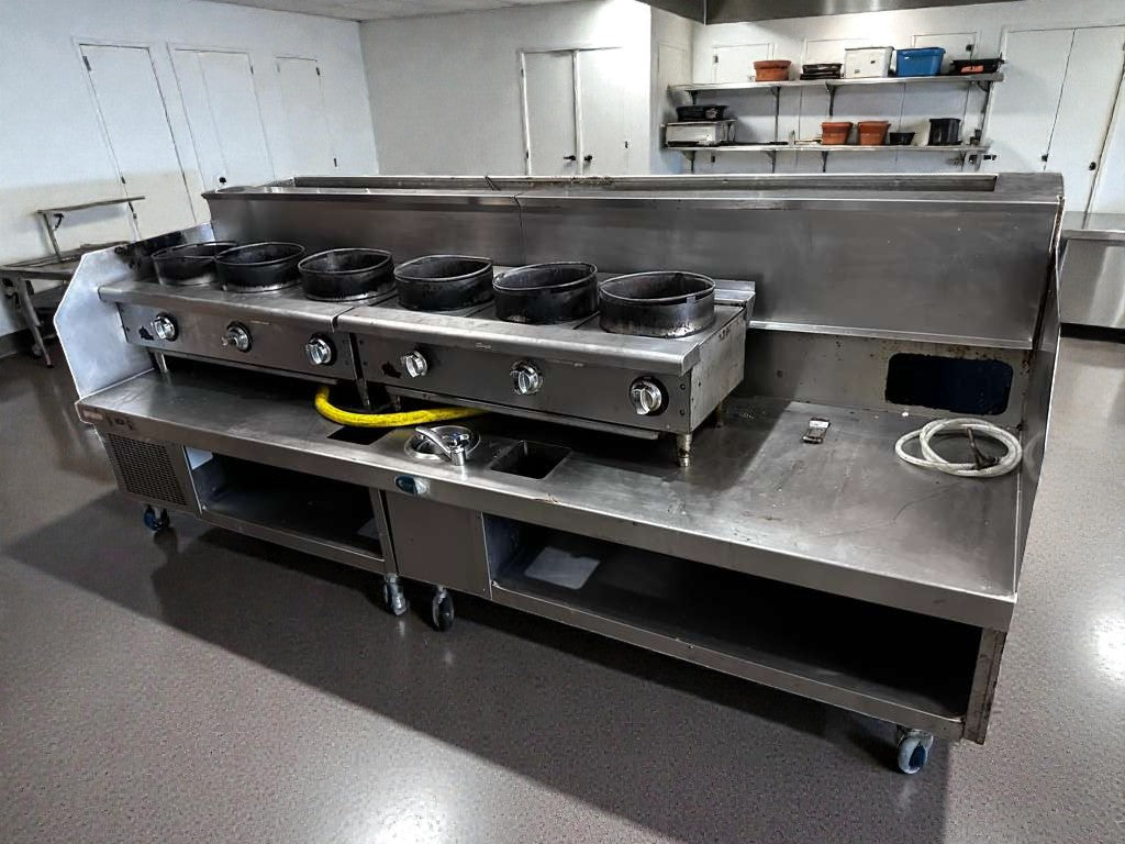Immaculate Condition – Commercial 6 Burner Wok System – Stainless Steel Wok Cooking Line with Refrigerated Top / Cold Rail – Gas Operation – Fully Tested & Operational!