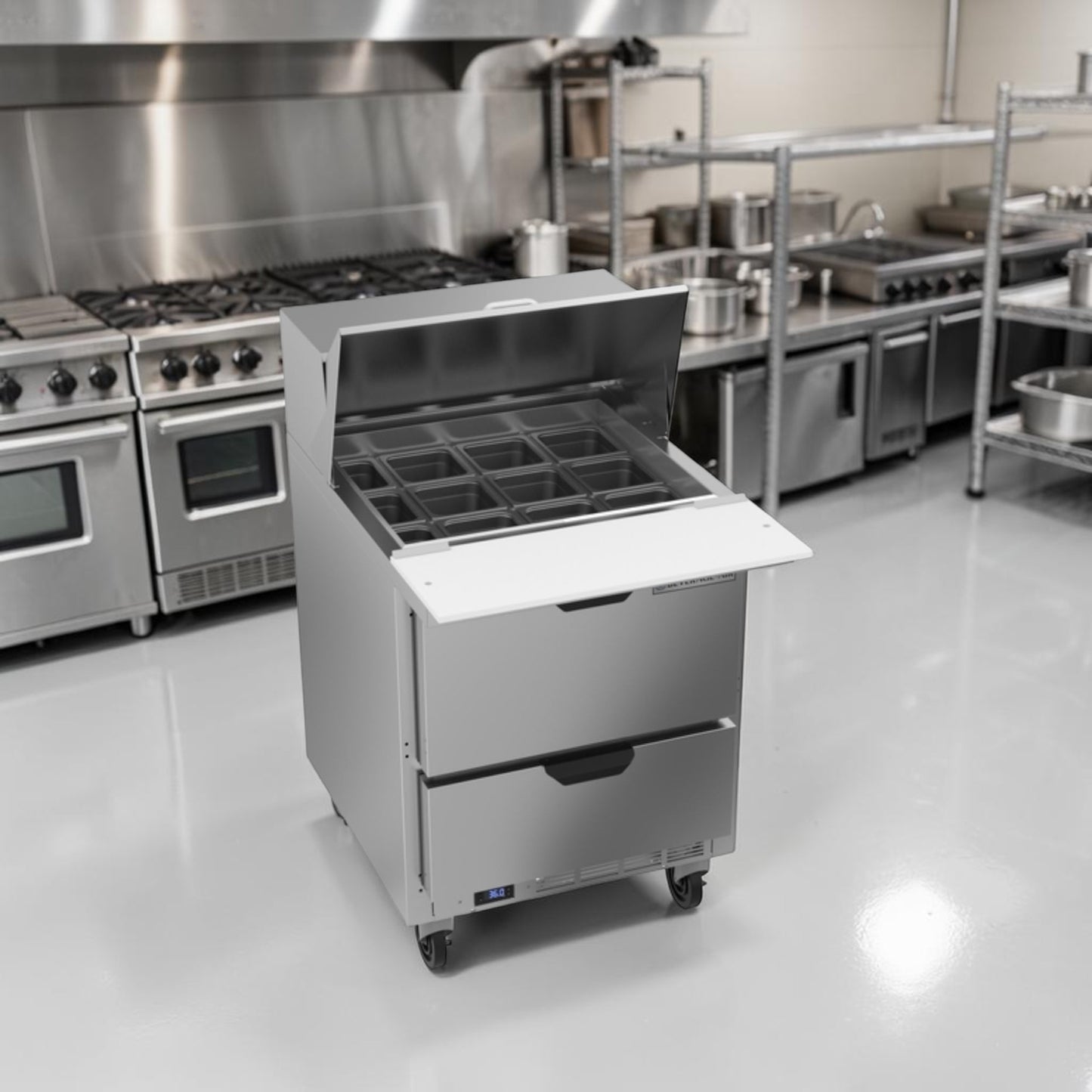Optimal Condition – Beverage-Air SPED27HC-12M-B – 27" Mega Top Refrigerated Prep Unit with Drawers – 6.8 Cu. Ft. – 115V – R290 – UL / NSF Listed – Fully Tested & Operational!