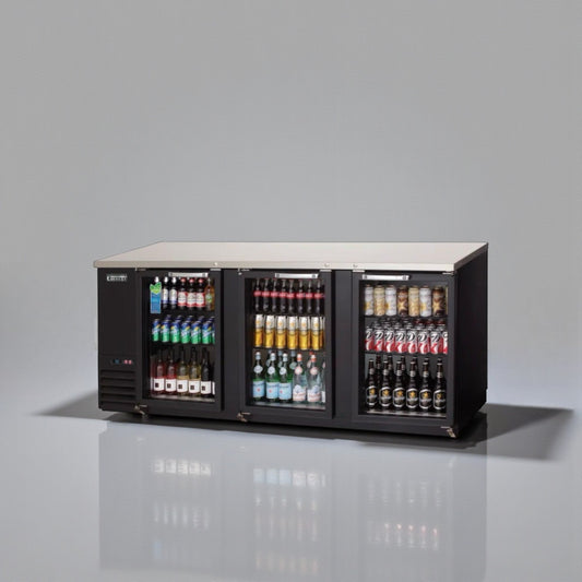 Elite Condition – Everest EBB90G – 89 1/4" Commercial Back Bar Refrigerator – 3 Swinging Glass Doors – Black – 115V – ETL / NSF Listed – Fully Tested & Operational!