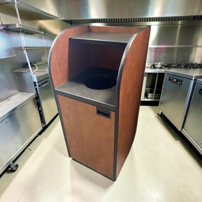 Excellent Condition – Curved Series Commercial Waste Receptacle – Front-Load Wood Laminate Cabinet – Top Shelf – Interior Bin – 20" x 20" x 48" – Ready for Commercial Use!