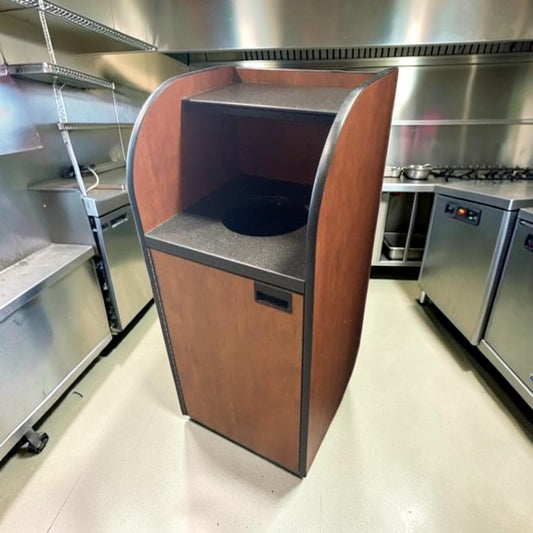 Excellent Condition – Curved Series Commercial Waste Receptacle – Front-Load Wood Laminate Cabinet – Top Shelf – Interior Bin – 20" x 20" x 48" – Ready for Commercial Use!