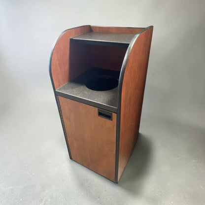 Excellent Condition – Curved Series Commercial Waste Receptacle – Front-Load Wood Laminate Cabinet – Top Shelf – Interior Bin – 20" x 20" x 48" – Ready for Commercial Use!