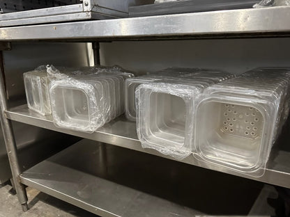 High-Quality Condition – Lot of Approx. 30 Cambro 65CLRCW135 – 1/6 Size Camwear Clear Food Pan Colanders – 5" Deep – NSF Listed – Ready for Commercial Use!