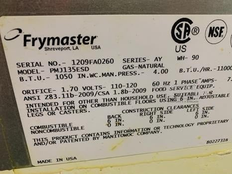 First-Class Condition – Frymaster PMJ135ESD – Single Pot Natural Gas Open Fryer – 40 lb Capacity – NSF Certified - Fully Tested & Operational!