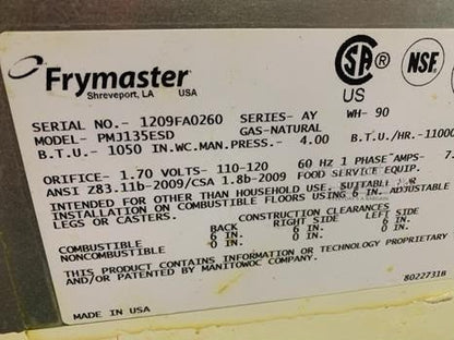 First-Class Condition – Frymaster PMJ135ESD – Single Pot Natural Gas Open Fryer – 40 lb Capacity – NSF Certified - Fully Tested & Operational!