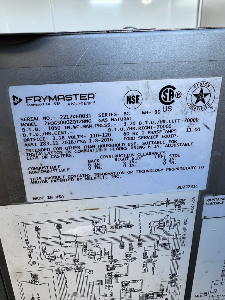 Prime Condition – Frymaster 2FQG30U FilterQuick – Dual Commercial Natural Gas Fryer Battery – Two 30-Lb. Frypots – SMART4U 3000 Controllers – Built-In Filtration – 140,000 BTU – Fully Tested & Operational!