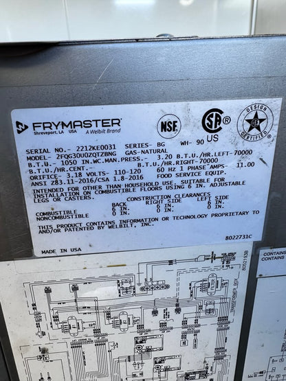 Prime Condition – Frymaster 2FQG30U FilterQuick – Dual Commercial Natural Gas Fryer Battery – Two 30-Lb. Frypots – SMART4U 3000 Controllers – Built-In Filtration – 140,000 BTU – Fully Tested & Operational!