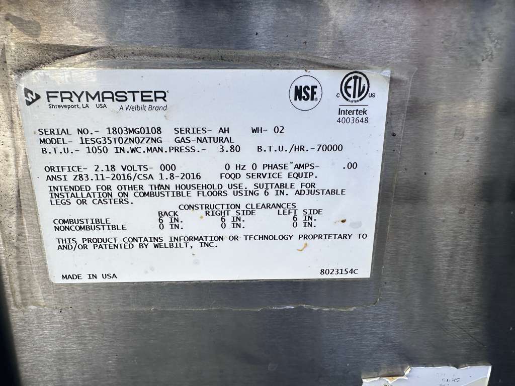 Excellent Condition – Frymaster ESG35T Natural Gas Commercial Fryer – 40 lb Capacity – NSF & ETL Listed – Fully Tested & Operational!
