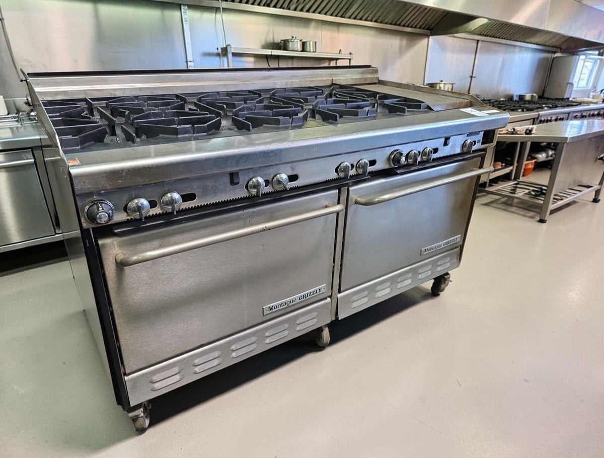 Outstanding Condition - Montague Grizzly 60" - Commercial Gas Range - 8 Open Burners + Raised Griddle - Double Convection Ovens - Fully Tested & Operational!