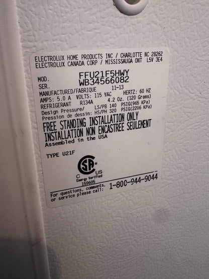 Dependable Condition – Frigidaire FFU21F5HWY – 33" Wide 20 Cu. Ft. Garage Ready Single-Door Upright Freezer – 115V – CSA Certified – Fully Tested & Operational!